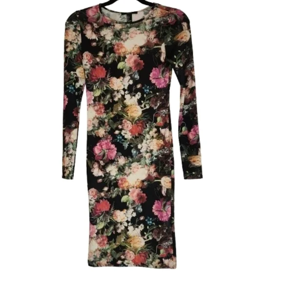 Forever 21 Black Floral Bodycon Fit Dress Size S Long Sleeve Stretch Slinky Feel - Picture 2 of 9